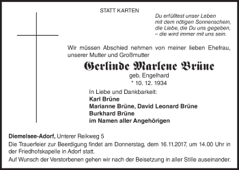 Traueranzeige von Gerlinde Marlene Brüne von Waldeckische Landeszeitung