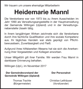 Traueranzeige von Heidemarie Mannl von Waldeckische Landeszeitung