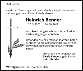 Traueranzeige von Heinrich Bender von Waldeckische Landeszeitung