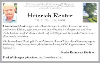 Traueranzeige von Heinrich Reuter von Waldeckische Landeszeitung