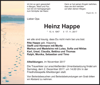 Traueranzeige von Heinz Happe von Waldeckische Landeszeitung