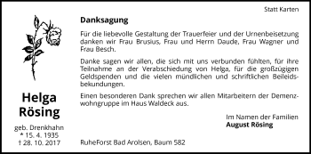 Traueranzeige von Helga Rösing von Waldeckische Landeszeitung