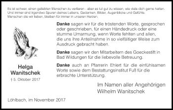 Traueranzeige von Helga Wanitschek von Waldeckische Landeszeitung