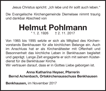 Traueranzeige von Helmut Pohlmann von Waldeckische Landeszeitung