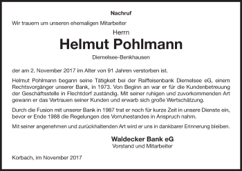 Traueranzeige von Helmut Pohlmann von Waldeckische Landeszeitung