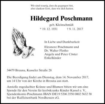 Traueranzeige von Hildegard Poschmann von Waldeckische Landeszeitung