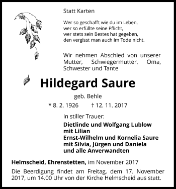 Traueranzeige von Hildegard Saure von Waldeckische Landeszeitung