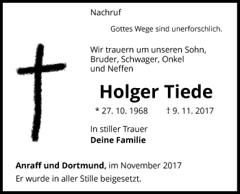 Traueranzeige von Holger Tiede von Waldeckische Landeszeitung