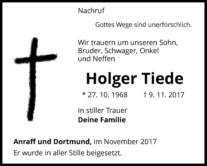  Traueranzeige für Holger Tiede vom 27.11.2017 aus Waldeckische Landeszeitung