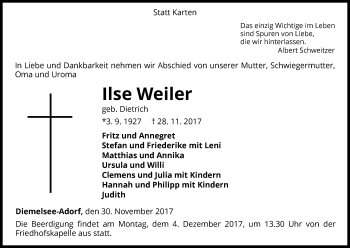 Traueranzeige von Ilse Weiler von Waldeckische Landeszeitung