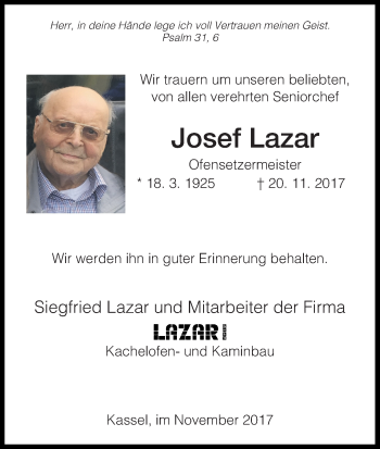 Traueranzeige von Josef Lazar von Waldeckische Landeszeitung