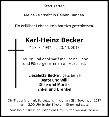 Traueranzeige von Karl-Heinz Becker von Waldeckische Landeszeitung