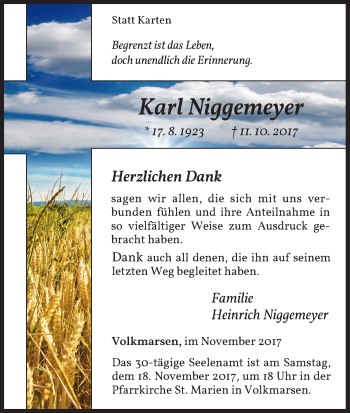 Traueranzeige von Karl Niggemeyer von Waldeckische Landeszeitung