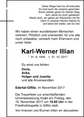 Traueranzeige von Karl-Werner Illian von Waldeckische Landeszeitung