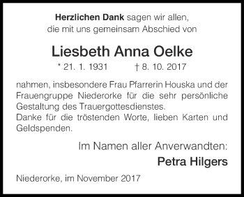 Traueranzeige von Liesbeth Anna Oelke von Waldeckische Landeszeitung