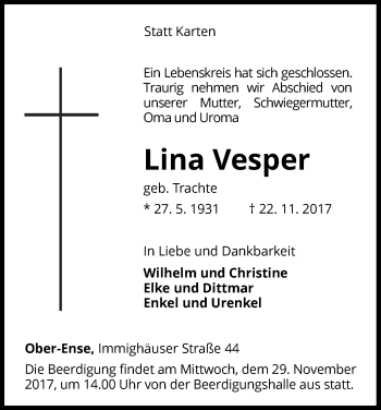 Traueranzeige von Lina Vesper von Waldeckische Landeszeitung