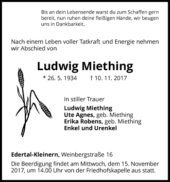 Traueranzeige von Ludwig Miething von Waldeckische Landeszeitung