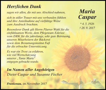 Traueranzeige von Maria Caspar von Waldeckische Landeszeitung