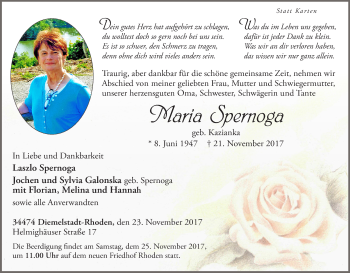 Traueranzeige von Maria Spernoga von Waldeckische Landeszeitung