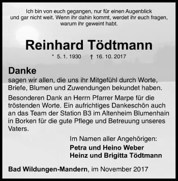 Traueranzeige von Reinhard Tödtmann von Waldeckische Landeszeitung