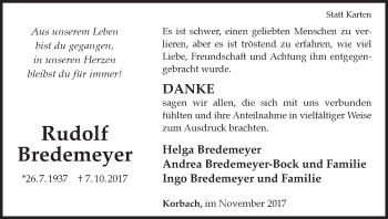 Traueranzeige von Rudolf Bredemeyer von Waldeckische Landeszeitung