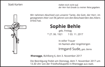 Traueranzeige von Sophie Behle von Waldeckische Landeszeitung