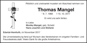 Traueranzeige von Thomas Mangel von Waldeckische Landeszeitung