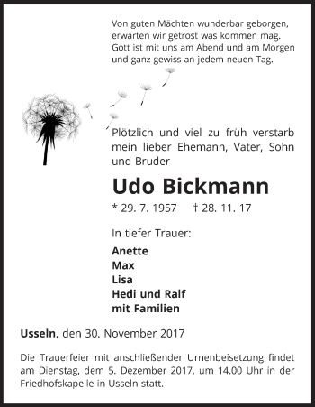 Traueranzeige von Udo Bickmann von Waldeckische Landeszeitung