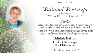 Traueranzeige von Waltraud Weishaupt von Waldeckische Landeszeitung