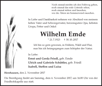 Traueranzeige von Wilhelm Emde von Waldeckische Landeszeitung