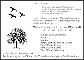 Traueranzeige von Wilhelm-Friedrich Lahme von Waldeckische Landeszeitung