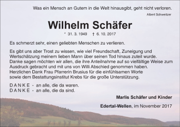 Traueranzeige von Wilhelm Schäfer von Waldeckische Landeszeitung