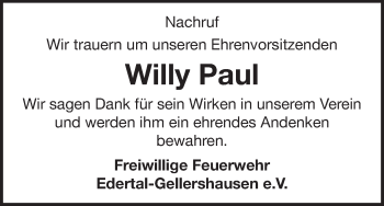 Traueranzeige von Willy Paul von Waldeckische Landeszeitung