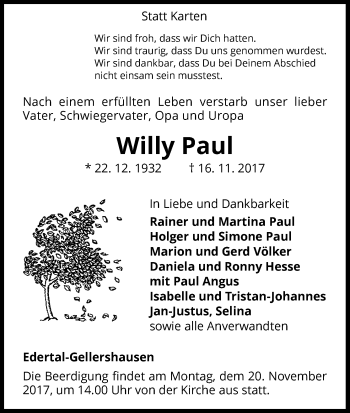 Traueranzeige von Willy Paul von Waldeckische Landeszeitung