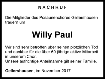 Traueranzeige von Willy Paul von Waldeckische Landeszeitung