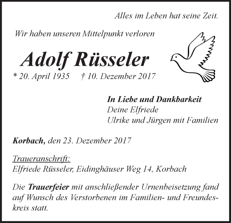  Traueranzeige für Adolf Rüsseler vom 23.12.2017 aus Waldeckische Landeszeitung
