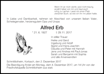 Traueranzeige von Alfred Erb von Waldeckische Landeszeitung