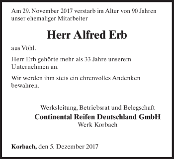 Traueranzeige von Alfred Erb von Waldeckische Landeszeitung