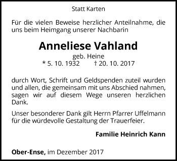 Traueranzeige von Anneliese Vahland von Waldeckische Landeszeitung