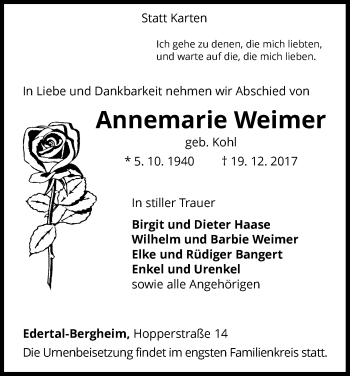 Traueranzeige von Annemarie Weimer von Waldeckische Landeszeitung