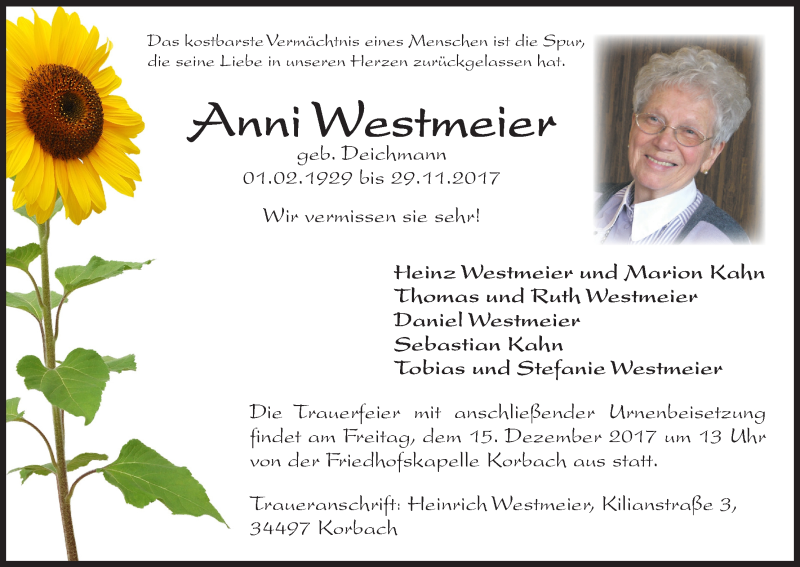  Traueranzeige für Anni Westmeier vom 09.12.2017 aus Waldeckische Landeszeitung