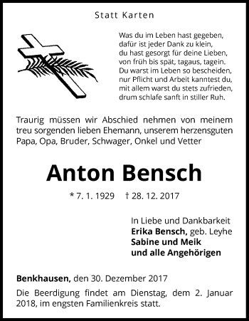 Traueranzeige von Anton Bensch von Waldeckische Landeszeitung