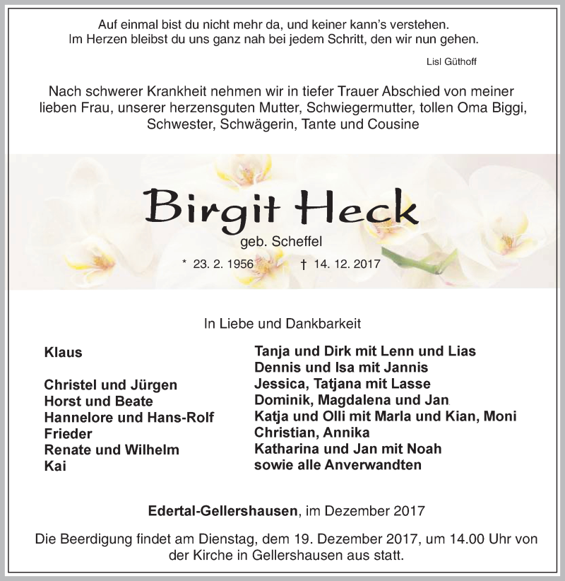  Traueranzeige für Birgit Heck vom 16.12.2017 aus Waldeckische Landeszeitung