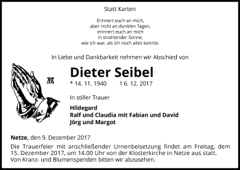 Traueranzeige von Dieter Seibel von Waldeckische Landeszeitung