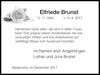 Traueranzeige von Elfriede Brunst von Waldeckische Landeszeitung