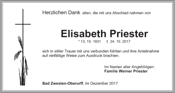 Traueranzeige von Elisabeth Priester von Waldeckische Landeszeitung