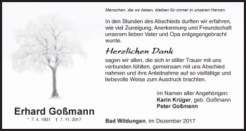 Traueranzeige von Erhard Goßmann von Waldeckische Landeszeitung