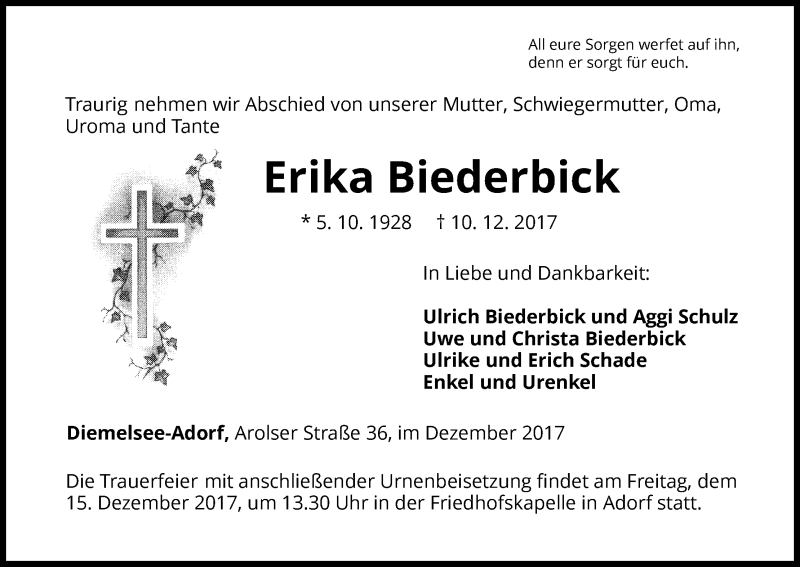  Traueranzeige für Erika Biederbick vom 12.12.2017 aus Waldeckische Landeszeitung