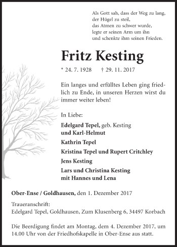 Traueranzeige von Fritz Kesting von Waldeckische Landeszeitung