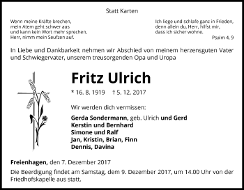 Traueranzeige von Fritz Ulrich von Waldeckische Landeszeitung